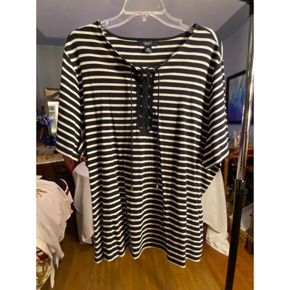 Women's Chaps3X Black / White Striped T-Shirt, Short Sleeves, lace up front neck - Picture 11 of 12